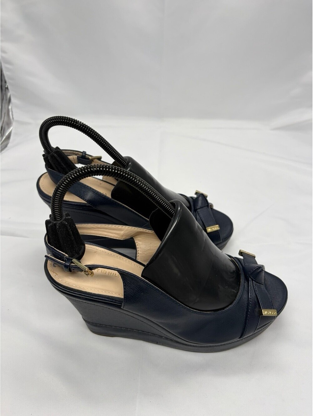 Tommy Hilfiger Twkarra Wedge Sandals Navy Blue Peep Toe Slingback Womens 8M - Picture 6 of 9